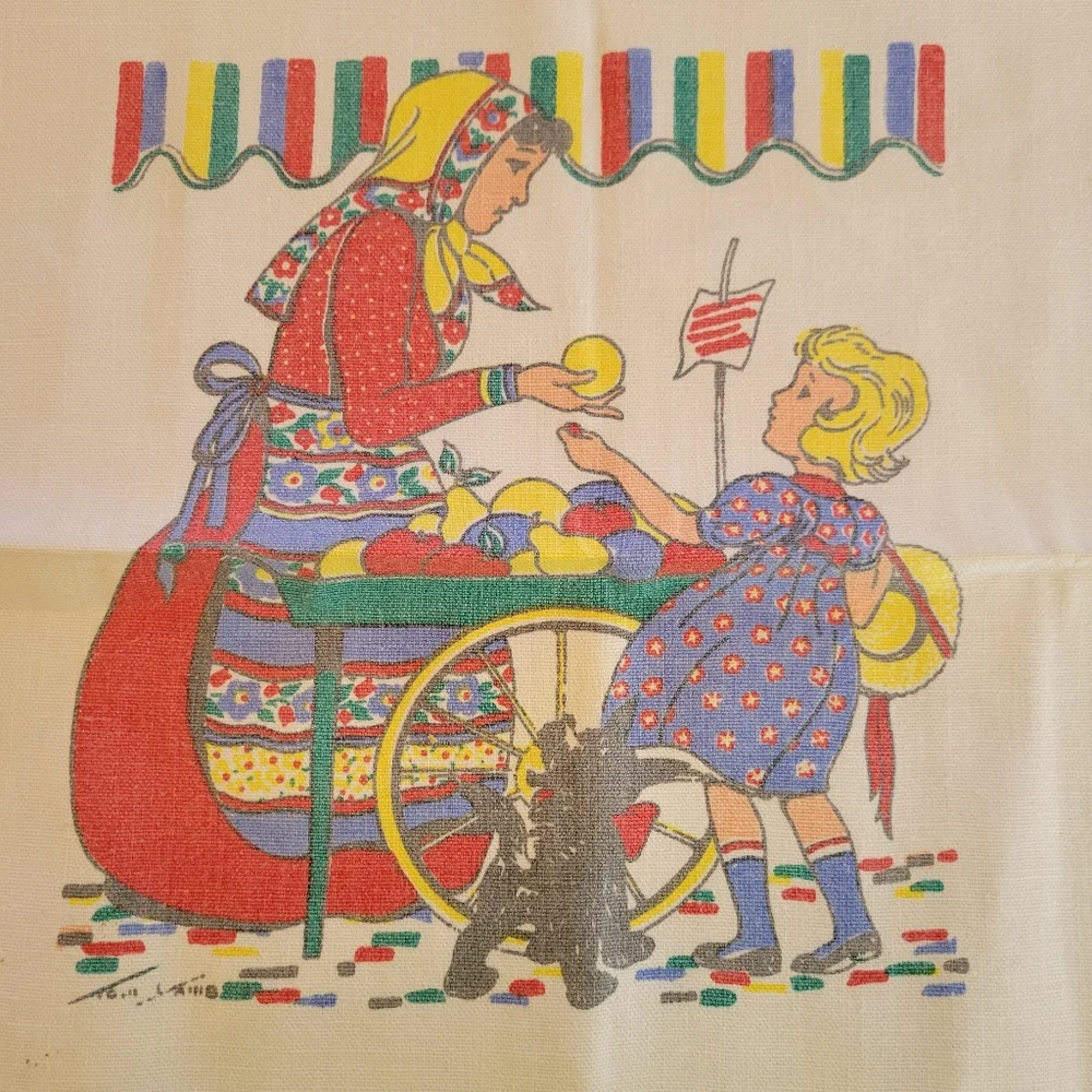 Vintage Tom Lamb Tea Towel ~ Girl at Market ~ 1940s - MCM ~ Colorful!